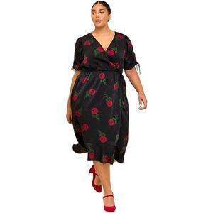 TORRID Plus Size Elegant black & red rose brushed charmeuse wrap dress 3X